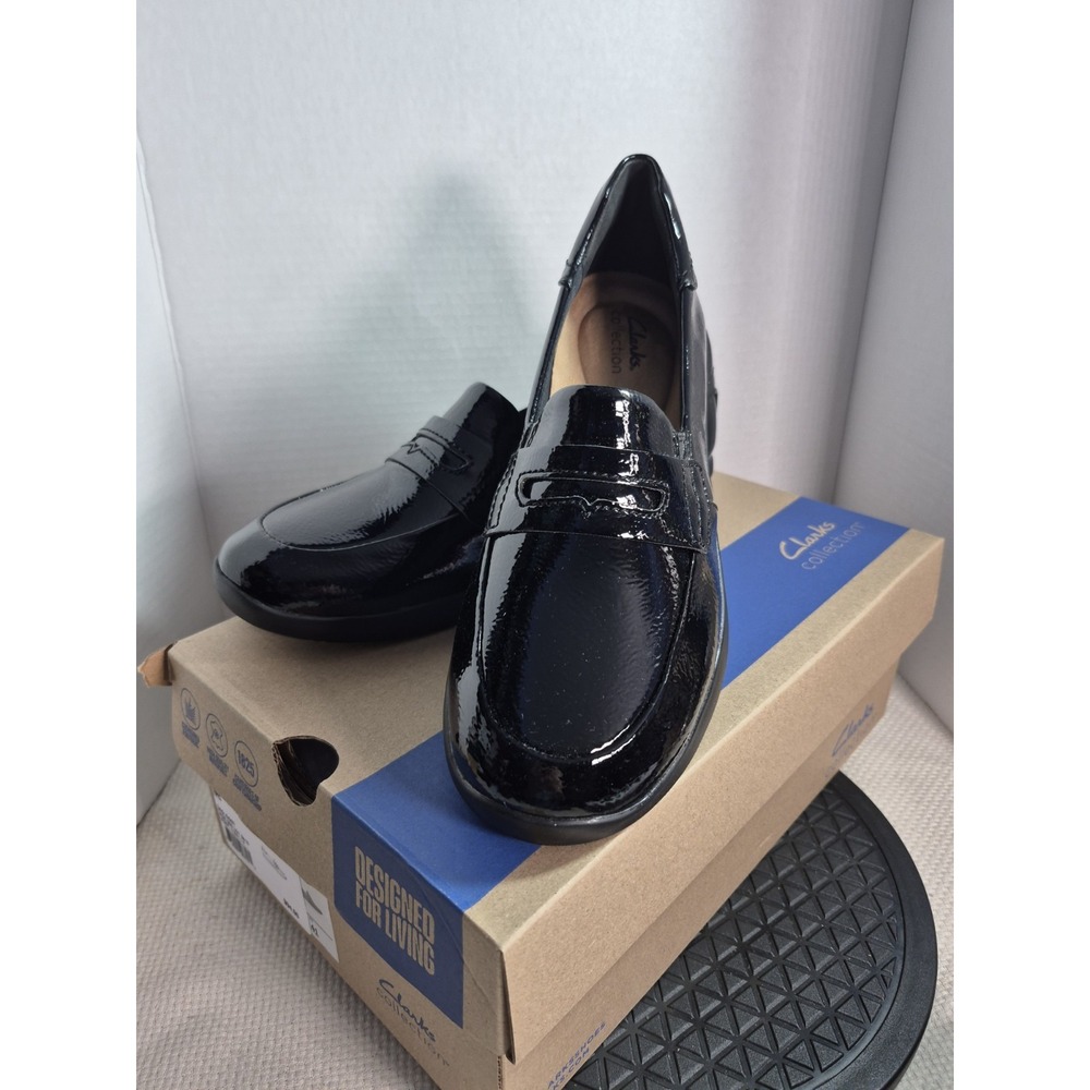 Clarks Collection Elowyn Penny Black Patent Leather Loafers Womens Size 9.5M NEW